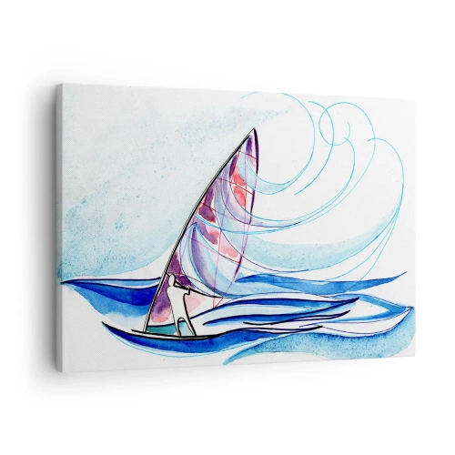 Canvastavla - Bild på duk - En surfare som rider på vågorna i en abstrakt akvarellkomposition - 70x50cm - Med vinden i vågornas rytm - Modern väggdekoration för vardagsrum och sovrum ARTTOR