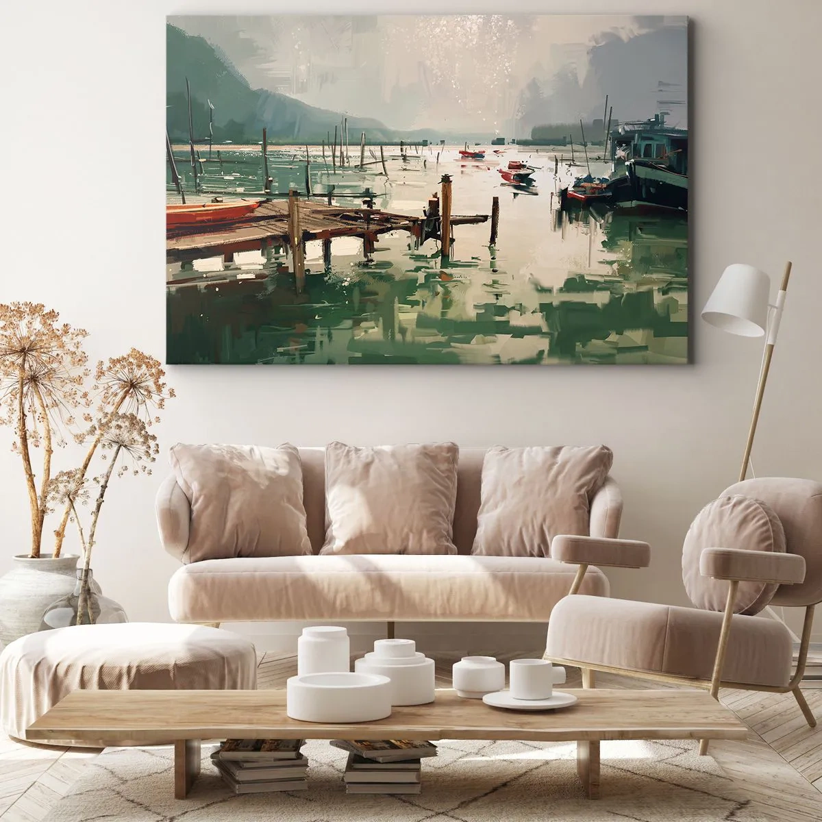Canvastavla - Bild på duk - En pittoresk hamn med båtar på lugnt vatten - 70x50cm - Täckt med smält måne - Modern väggdekoration för vardagsrum och sovrum ARTTOR
