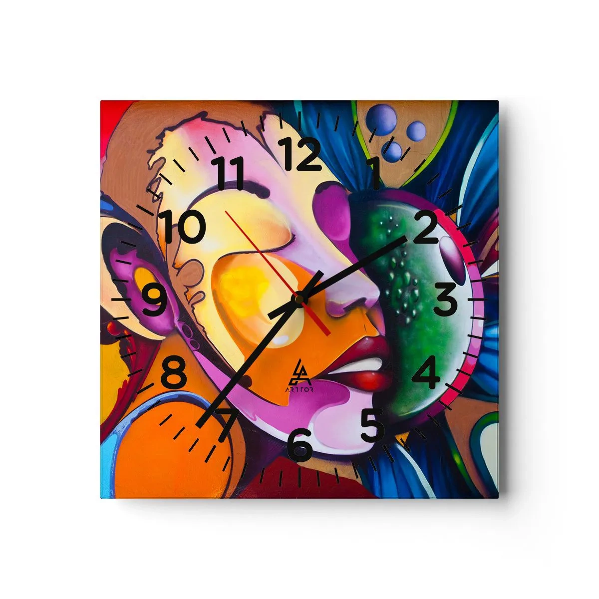 Väggklocka - Klocka på glas - Känna på med färg - 40x40 cm