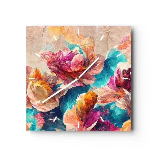 Väggklocka - Klocka på glas - Den färgsprakande prakten hos en bukett - 40x40 cm