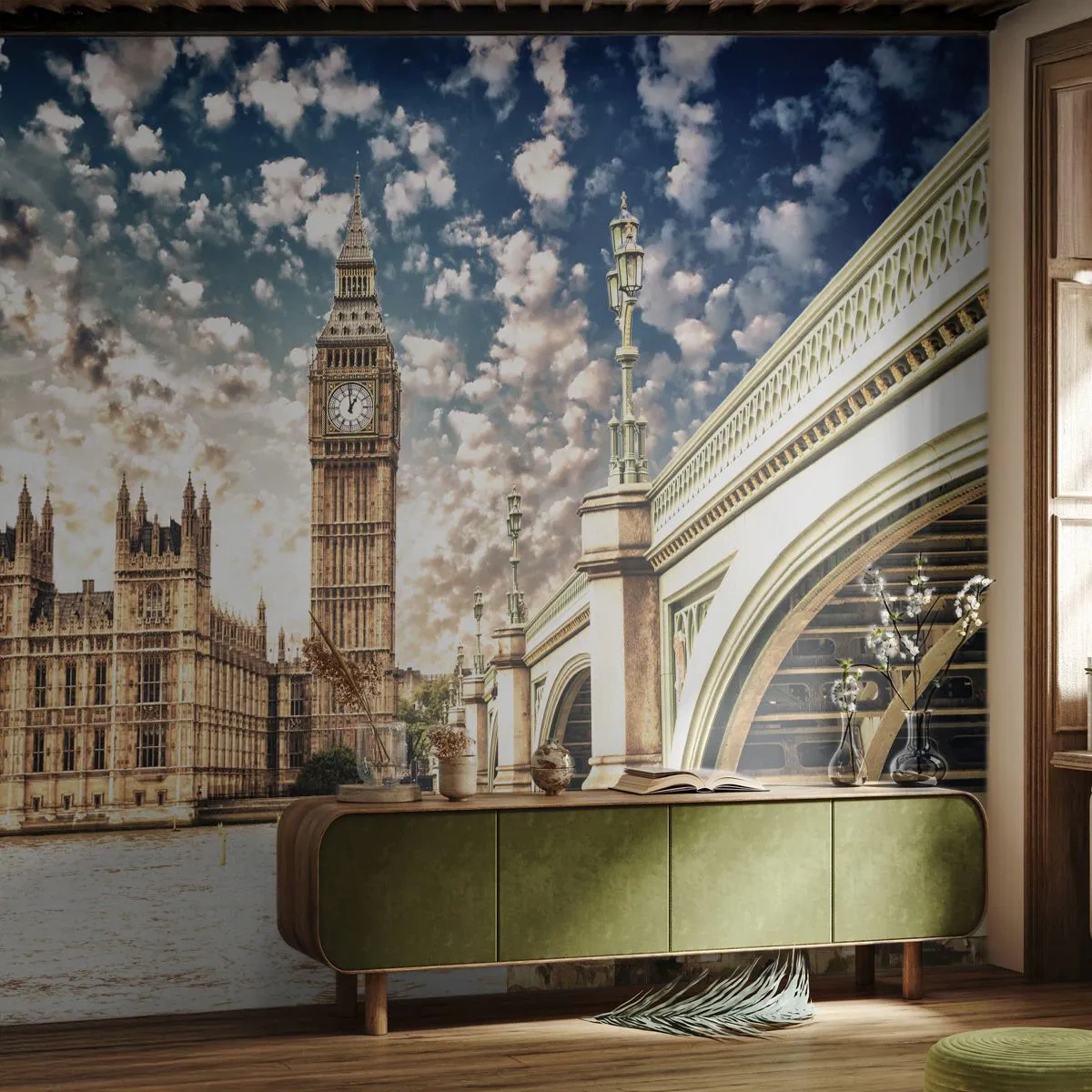 Fototapet Premium Sand - Moln över Thames - Stad, London, England - 350x256 cm