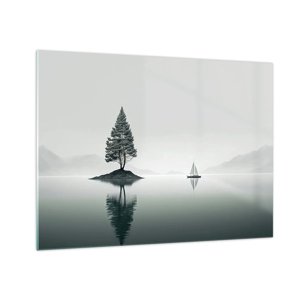Glastavla - Bild på glas - Ett ensamt träd på en ö och en segelbåt på en lugn sjö - 70x50cm - En dröm - Modern väggdekoration för vardagsrum och sovrum ARTTOR