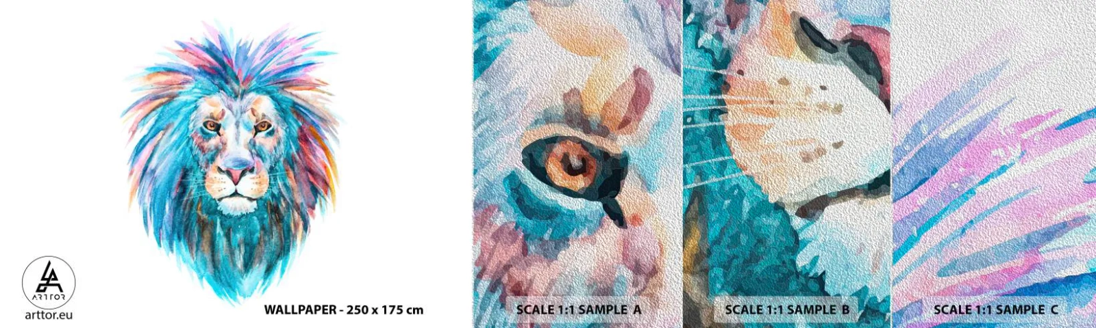 Provbit av fototapet Premium Sand - Elektrifierande aura - Djur, Lejon, Abstraktion - 100x30 cm