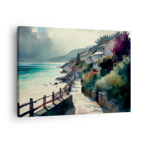 Canvastavla - Bild på duk - Strandpromenad med hus och vegetation - 70x50cm - Medelhavsstad - Modern väggdekoration för vardagsrum och sovrum ARTTOR