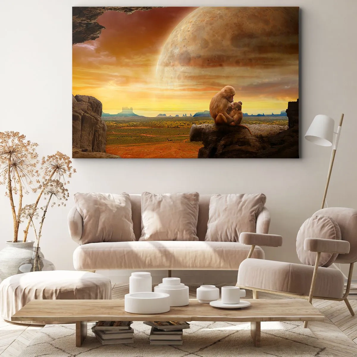 Canvastavla - Bild på duk - Apor som sitter på en sten i ett surrealistiskt landskap med en jätteplanet - 70x50cm - Samma kärlek överallt - Modern väggdekoration för vardagsrum och sovrum ARTTOR