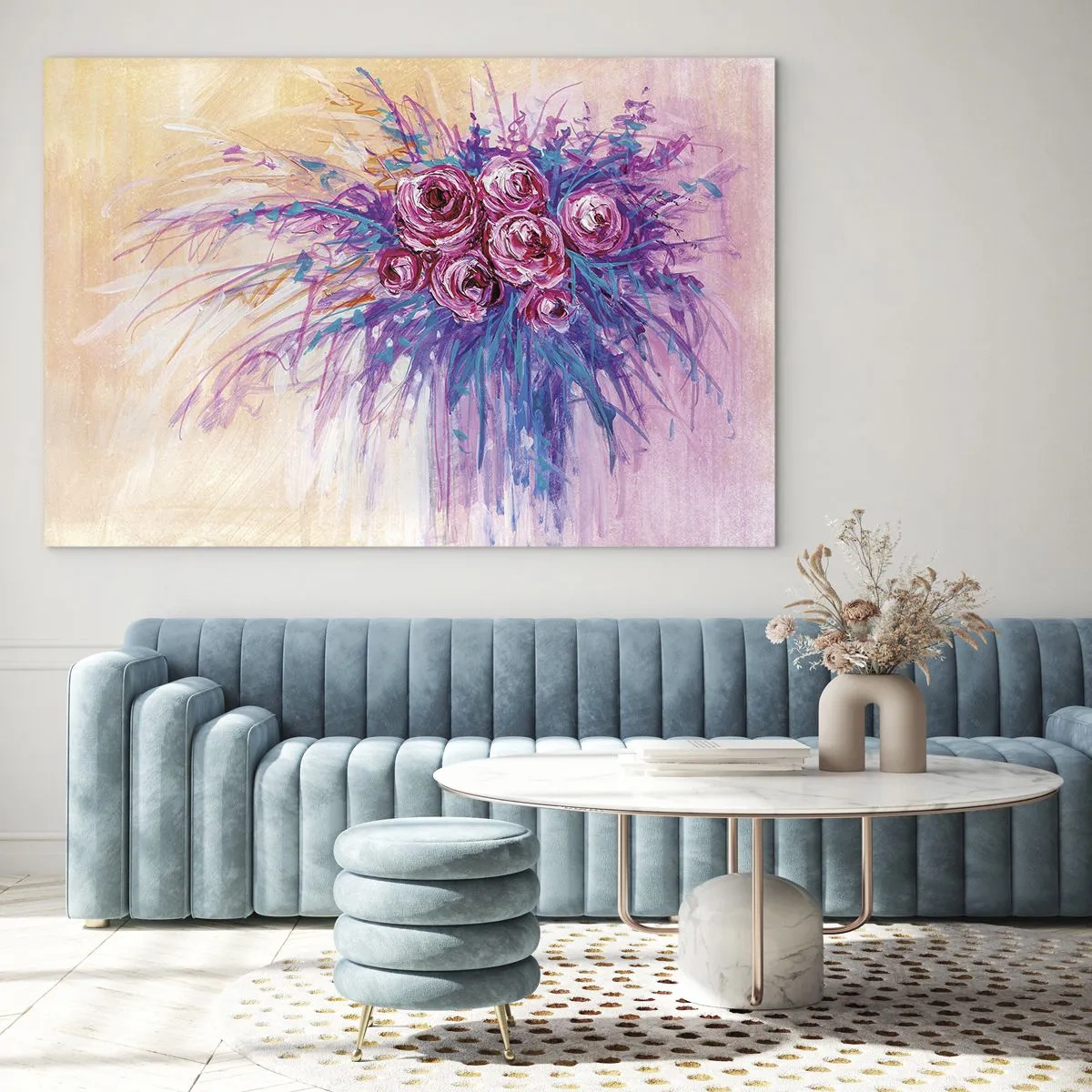 Glastavla - Bild på glas - En bukett rosor i nyanser av rosa och lila mot en pastellbakgrund - 70x50cm - Rosfontän - Modern väggdekoration för vardagsrum och sovrum ARTTOR