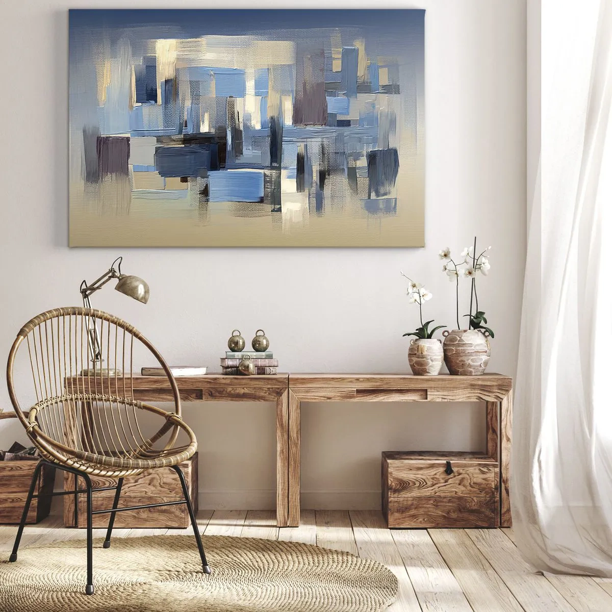 Canvastavla - Bild på duk - Geometriska former i nyanser av blått och beige - 70x50cm - Blå konstruktion - Modern väggdekoration för vardagsrum och sovrum ARTTOR