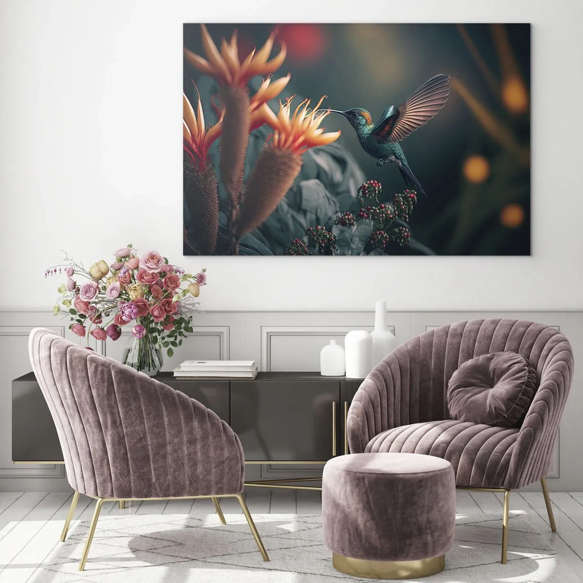 Glastavla - Bild på glas - En kolibri svävar över exotiska blommor bland bladen. - 70x50cm - Ett verkligt färgglatt liv - Modern väggdekoration för vardagsrum och sovrum ARTTOR