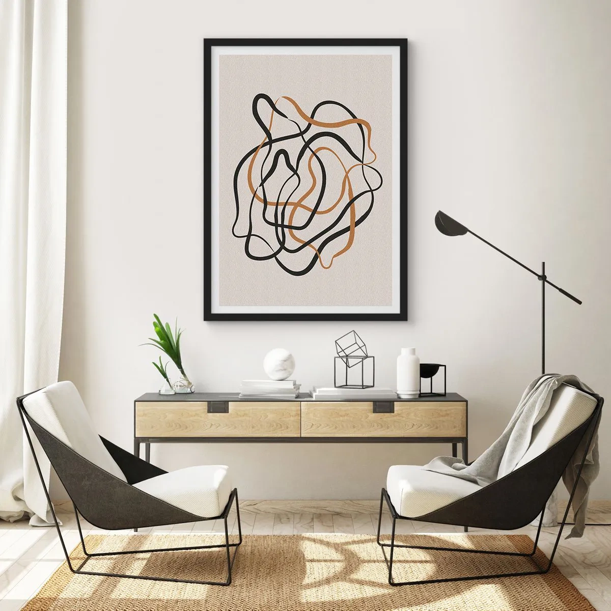 Affisch i svart ram - Abstrakta trassliga linjer i svart och guld på beige - 50x70cm - Allt har gått fel - Modern väggdekoration för vardagsrum och sovrum ARTTOR