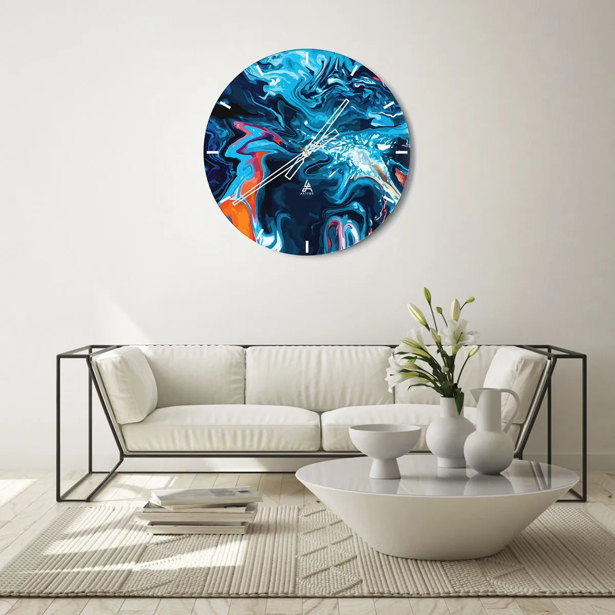 Väggklocka - Klocka på glas - Ett dynamiskt abstrakt motiv i nyanser av blått - 30x30cm - En resa till himlens inre - Modern väggdekoration för vardagsrum, kök och sovrum ARTTOR