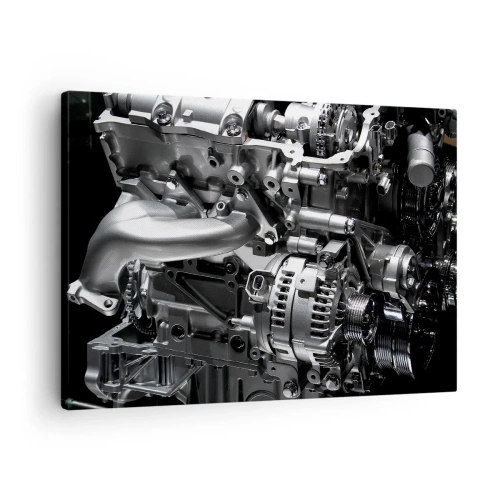 Canvastavla - Bild på duk - Närbild av metallmotordelar mot svart bakgrund - 70x50cm - Stål, vacker, stark - Modern väggdekoration för vardagsrum och sovrum ARTTOR