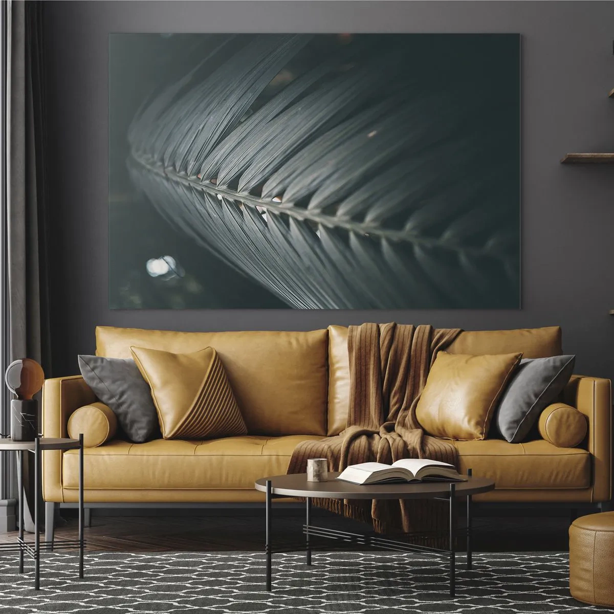 Glastavla - Bild på glas - Närbild av ett mörkgrönt palmblad med ljusreflektion - 70x50cm - Naturens precision - Modern väggdekoration för vardagsrum och sovrum ARTTOR