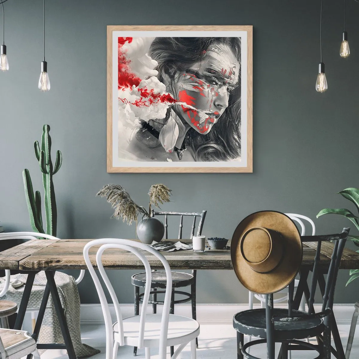 Affisch i ram av ljusek - Röd-vit absurdhet - 50x50 cm