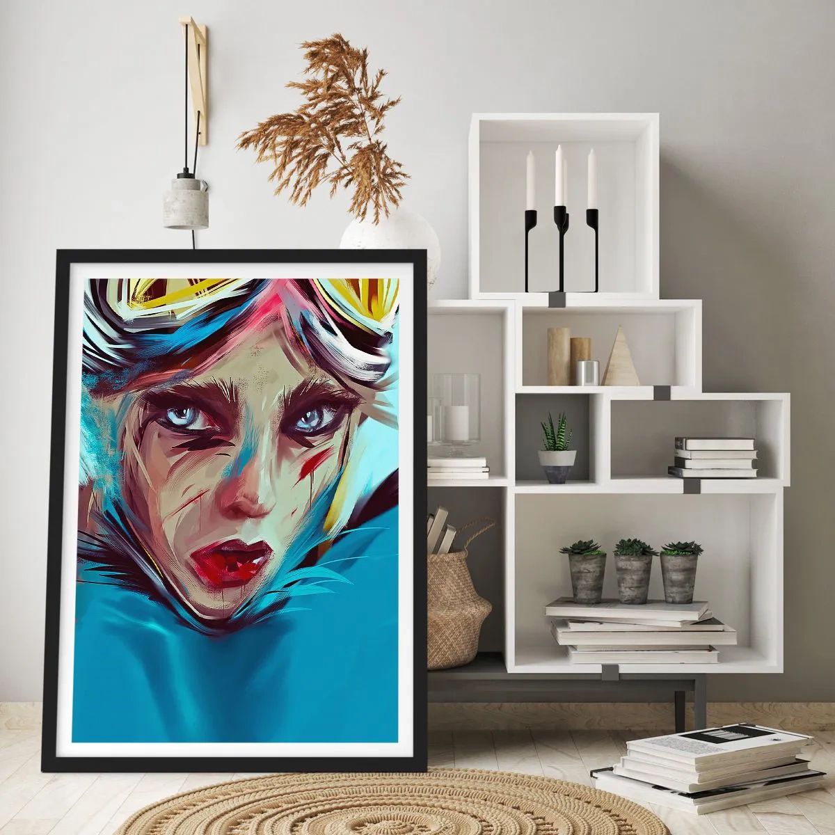 Affisch i svart ram - Porträtt av en kvinna med intensiv blick och blå bakgrund - 50x70cm - Vägkämpe - Modern väggdekoration för vardagsrum och sovrum ARTTOR