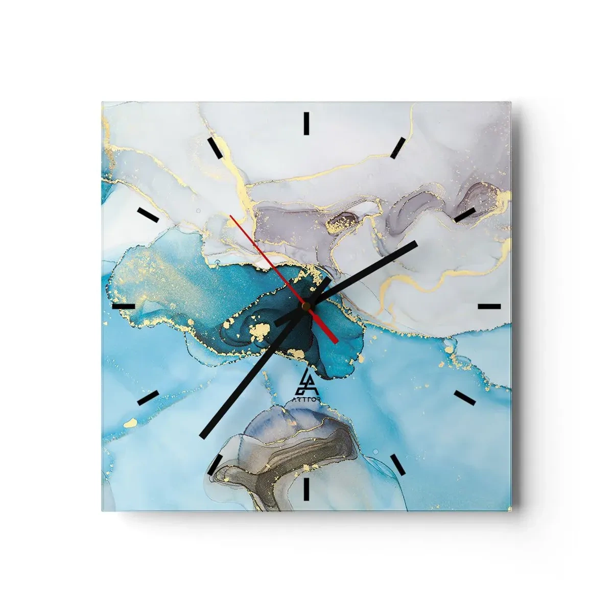 Väggklocka - Klocka på glas - Studie över mötet mellan grå och turkos - 30x30 cm