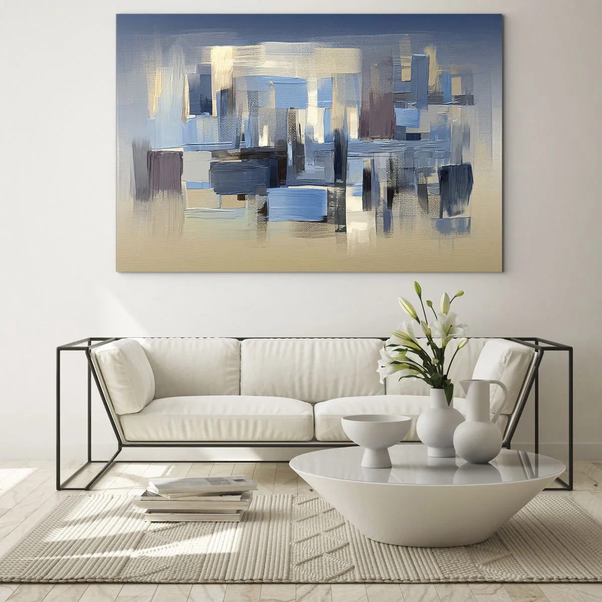 Glastavla - Bild på glas - Geometriska penseldrag i nyanser av blått och beige - 70x50cm - Blå konstruktion - Modern väggdekoration för vardagsrum och sovrum ARTTOR