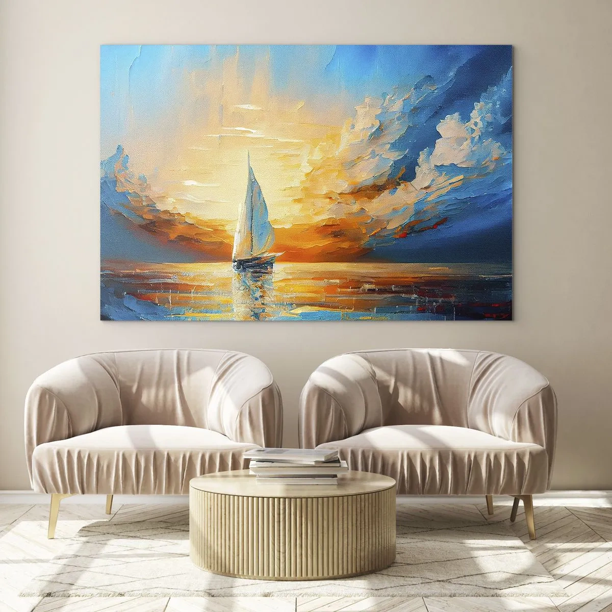 Glastavla - Bild på glas - En segelbåt till sjöss i ljuset av den nedgående solen - 70x50cm - Segla i gult - Modern väggdekoration för vardagsrum och sovrum ARTTOR