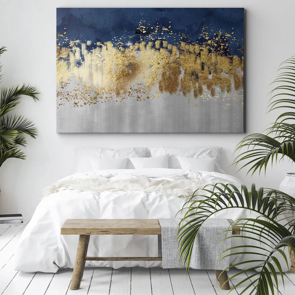 Canvastavla - Bild på duk - En abstrakt komposition i nyanser av guld och marinblått. - 70x50cm - Modern komposition med blixt - Modern väggdekoration för vardagsrum och sovrum ARTTOR