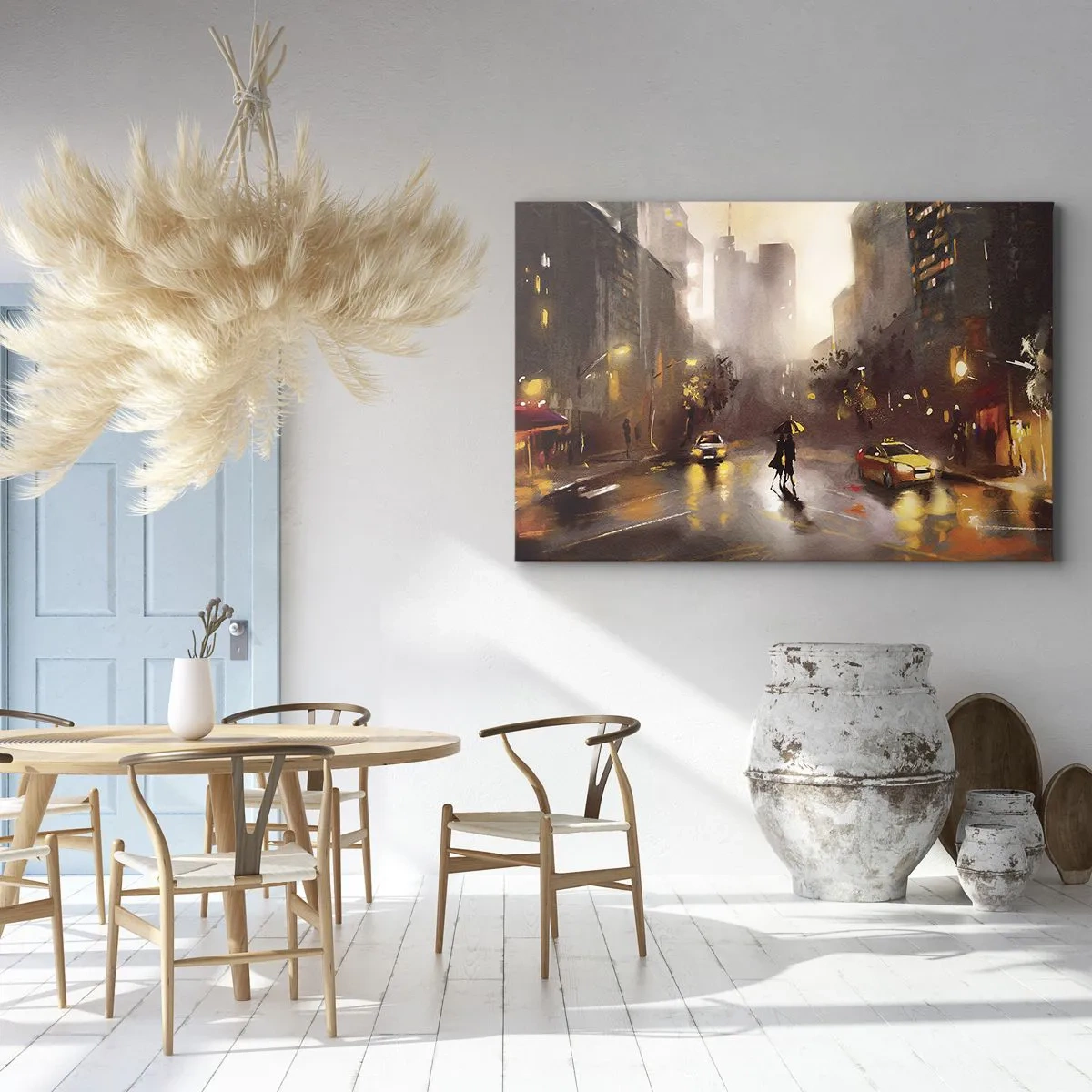 Canvastavla - Bild på duk - En stadsbild på natten i ljuset från gatlyktor och reflektioner på en våt gata. - 70x50cm - I New Yorks ljus - Modern väggdekoration för vardagsrum och sovrum ARTTOR