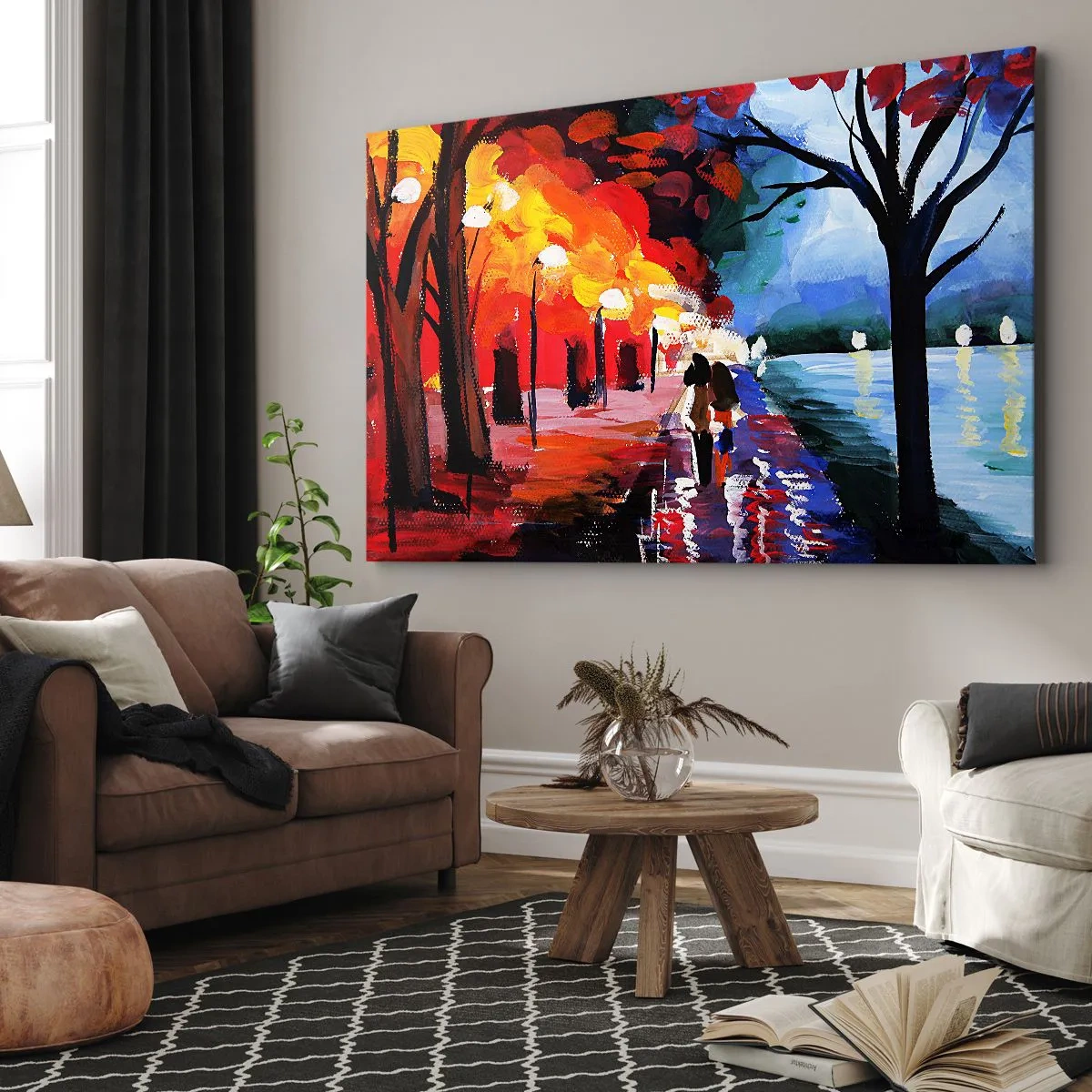 Canvastavla - Bild på duk - En höstpromenad längs stigen med utsikt över vattnet - 70x50cm - Brinnande höst i parken - Modern väggdekoration för vardagsrum och sovrum ARTTOR