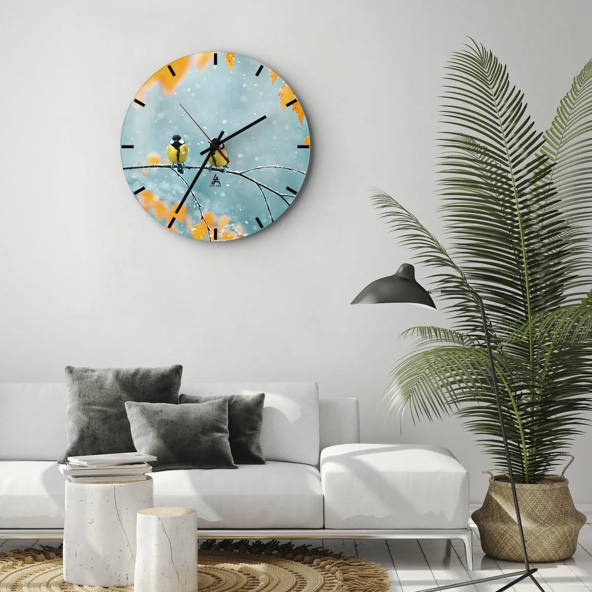 Väggklocka - Klocka på glas - Två mesar på en snötäckt gren i ett vinterlandskap - 30x30cm - Fåglarnas skvaller - Modern väggdekoration för vardagsrum, kök och sovrum ARTTOR