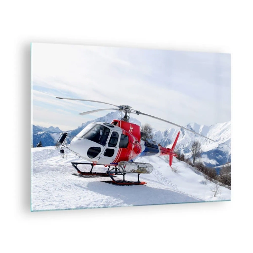 Glastavla - Bild på glas - En röd helikopter i ett vinterbergslandskap - 70x50cm - Alltid redo - Modern väggdekoration för vardagsrum och sovrum ARTTOR