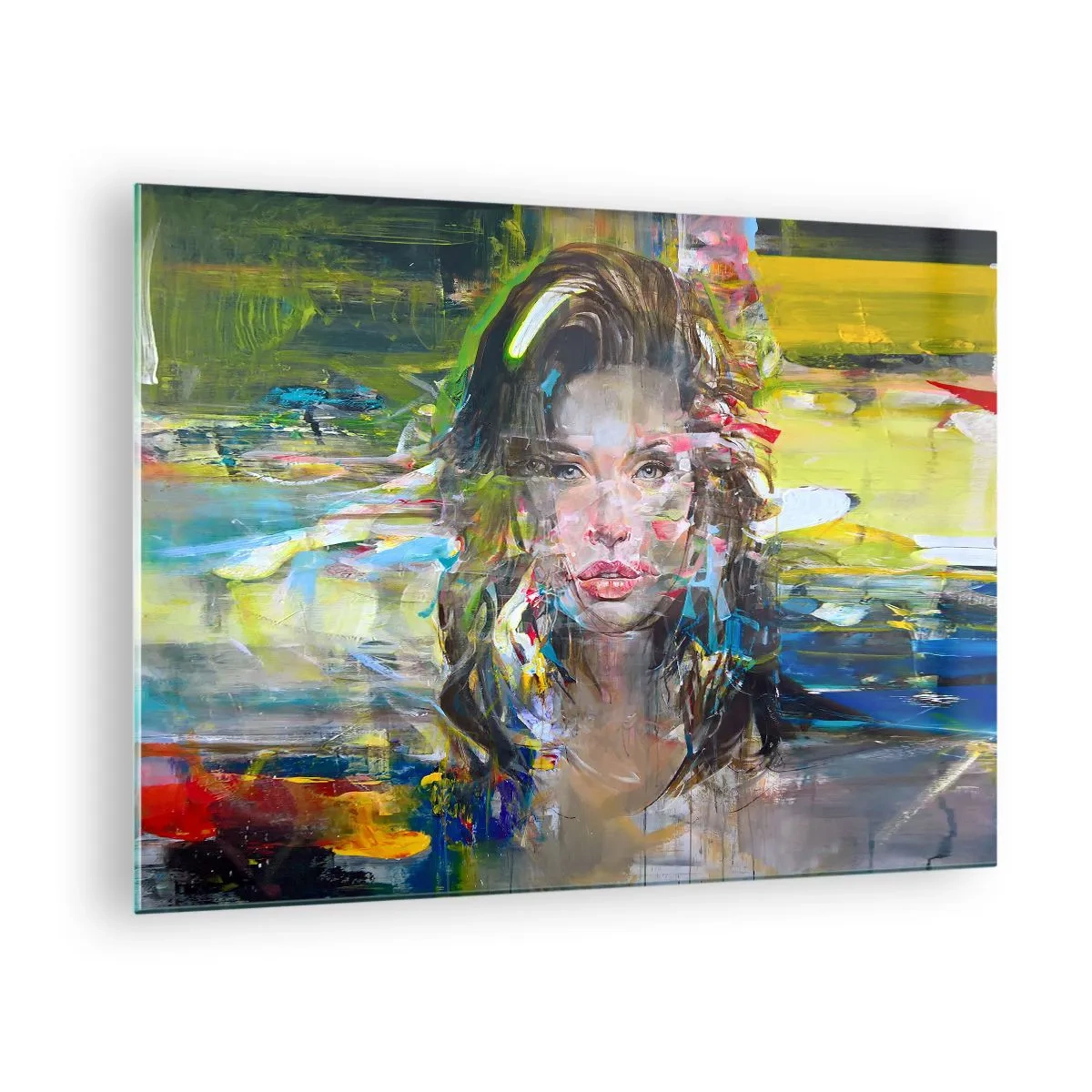 Glastavla - Bild på glas - Abstrakt porträtt av en kvinna med en dynamisk bakgrund - 70x50cm - Bakom luftridån - Modern väggdekoration för vardagsrum och sovrum ARTTOR