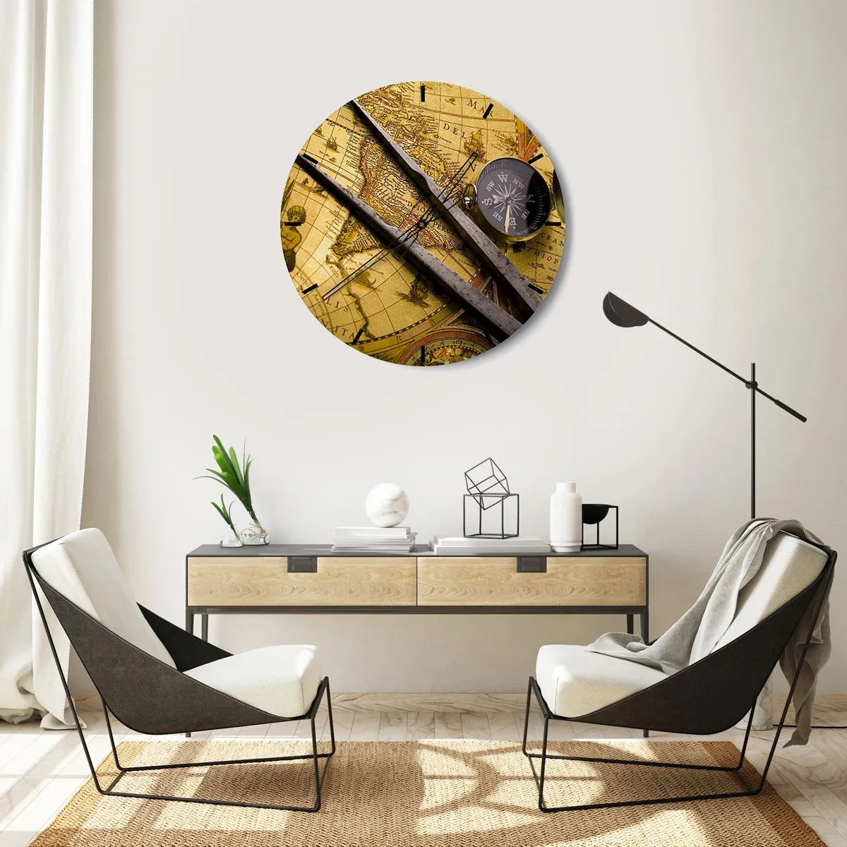 Väggklocka - Klocka på glas - Antik karta med kompass och kompass - 30x30cm - Var är skatterna? - Modern väggdekoration för vardagsrum, kök och sovrum ARTTOR