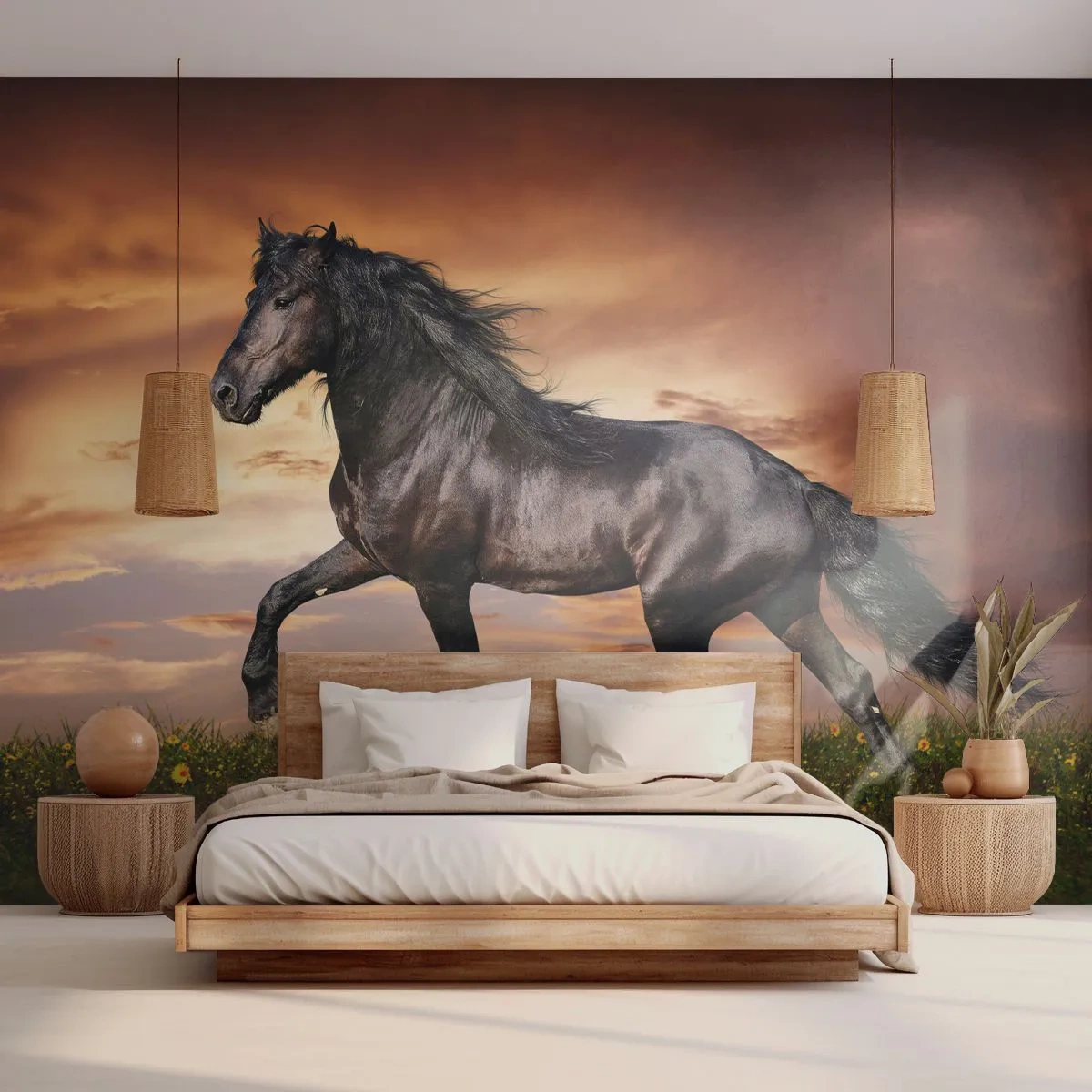 Självhäftande Fototapet Deluxe Sticker - Svarta prinsen - Djur, Arabisk häst, Landskap - 250x175 cm