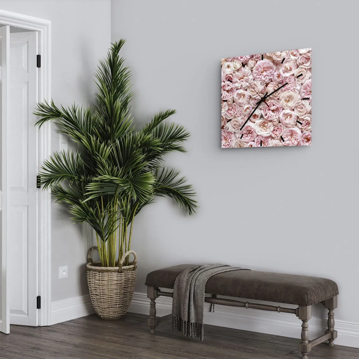 Väggklocka - Klocka på glas - Strödd med rosor - 30x30 cm