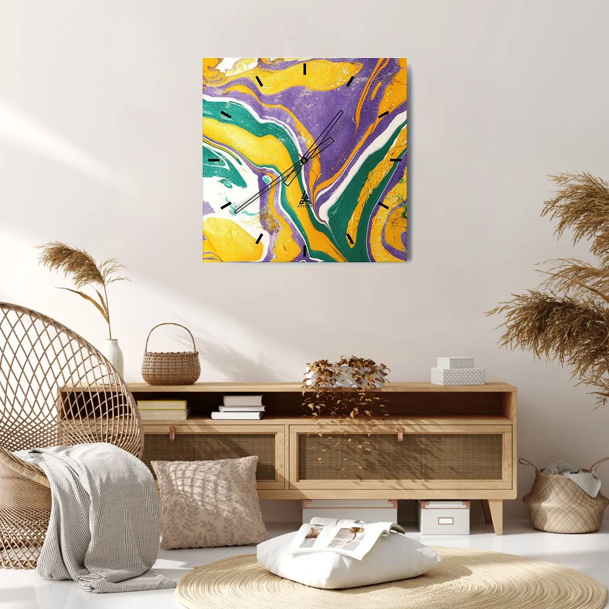 Väggklocka - Klocka på glas - Färgvågor - 40x40 cm