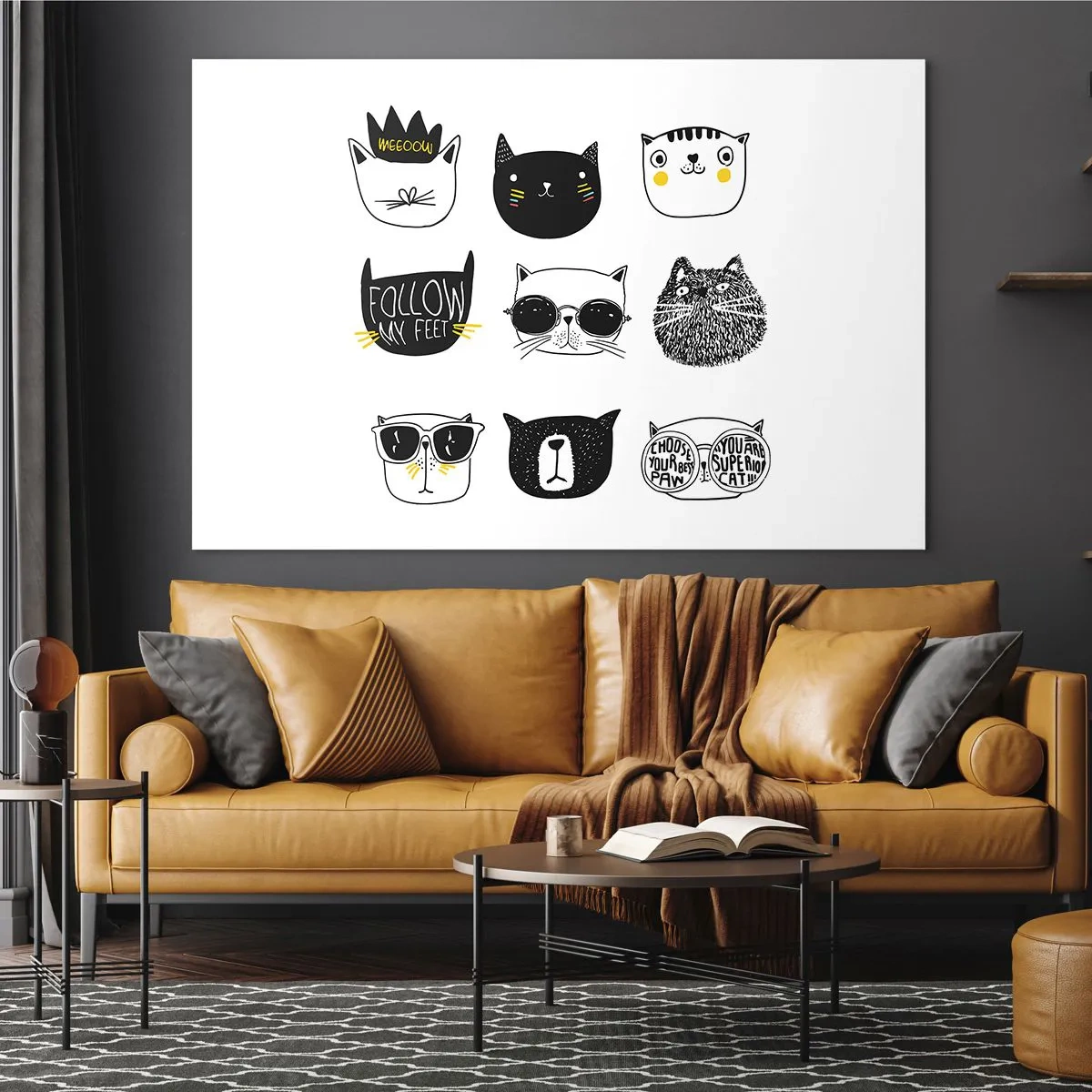 Glastavla - Bild på glas - Illustrationer av bedårande katter i minimalistisk stil - 70x50cm - Varje annorlunda - Modern väggdekoration för vardagsrum och sovrum ARTTOR