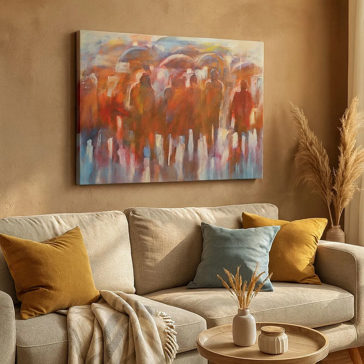 Canvastavla - Bild på duk - En folkmassa med paraplyer i en regnig, konstnärlig miljö - 70x50cm - Jämna i regn och dimma - Modern väggdekoration för vardagsrum och sovrum ARTTOR