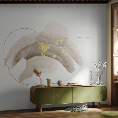 Fototapet Standard Eco - En abstrakt komposition i beige och guld mot en ljus bakgrund. - 100x70cm - Träffat i rummet - Modern väggdekoration för vardagsrum och sovrum ARTTOR