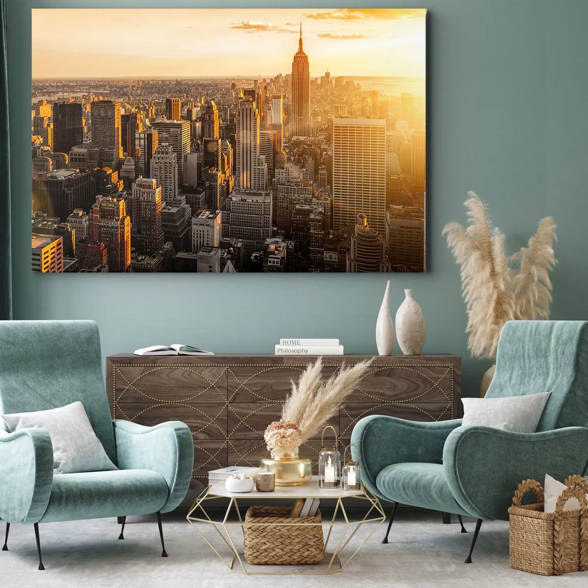 Canvastavla - Bild på duk - New York Citys silhuett vid solnedgången med utsikt över Empire State Building - 70x50cm - Växa i solskenet - Modern väggdekoration för vardagsrum och sovrum ARTTOR