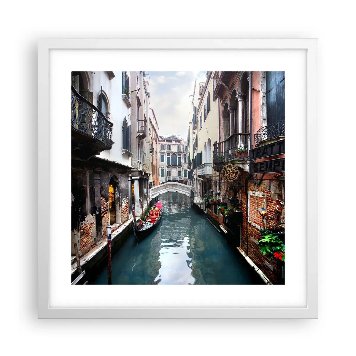 Affisch i vit ram - Venedig-landskap med gondol och bro - 40x40 cm