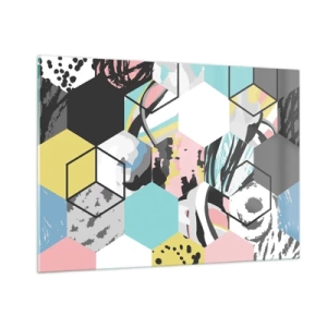 Glastavla - Bild på glas - Sexkanter och kuber i sex färger - 100x70 cm