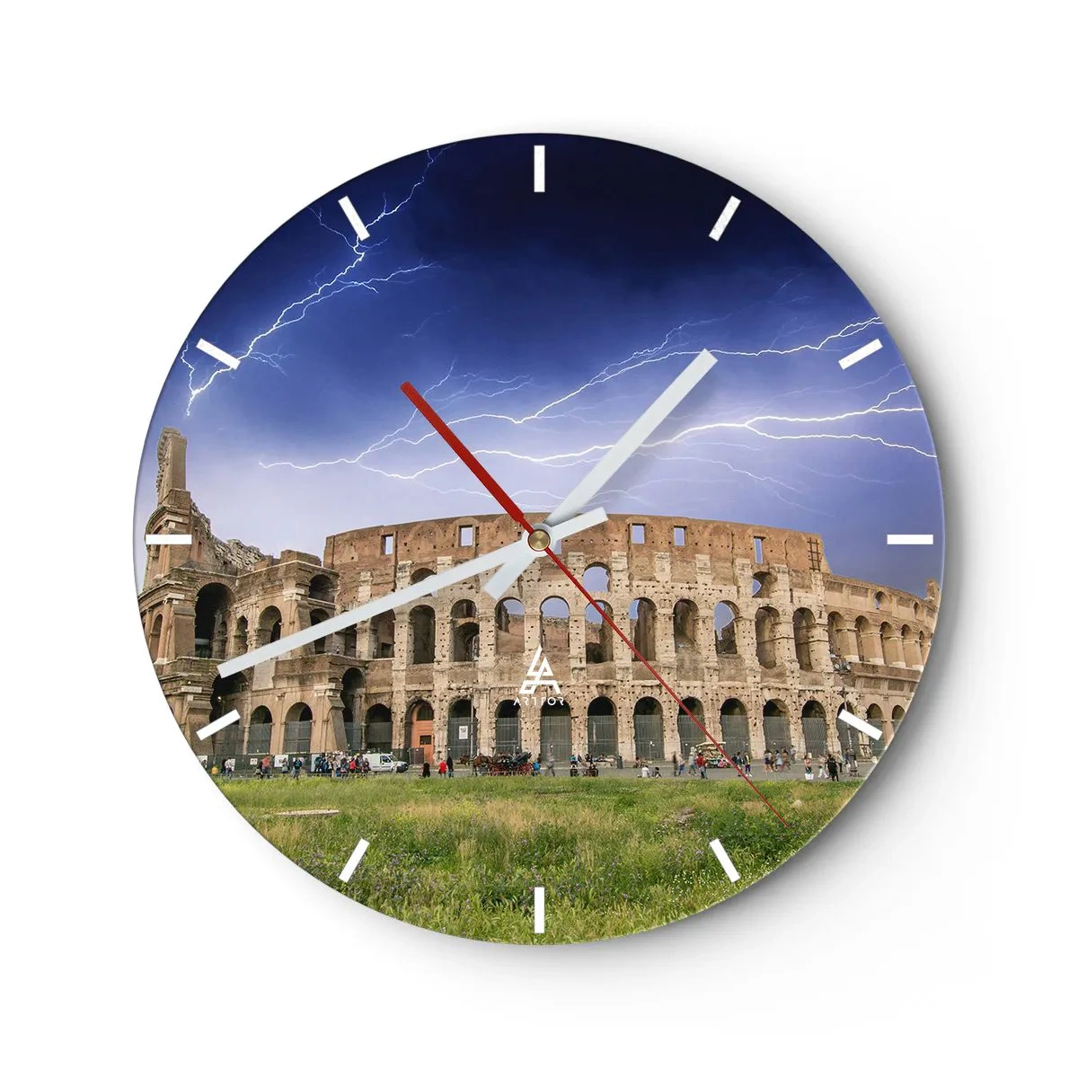 Väggklocka - Klocka på glas - Colosseum upplyst av blixtar mot en mörk himmel - 30x30cm - Kamparena - Modern väggdekoration för vardagsrum, kök och sovrum ARTTOR