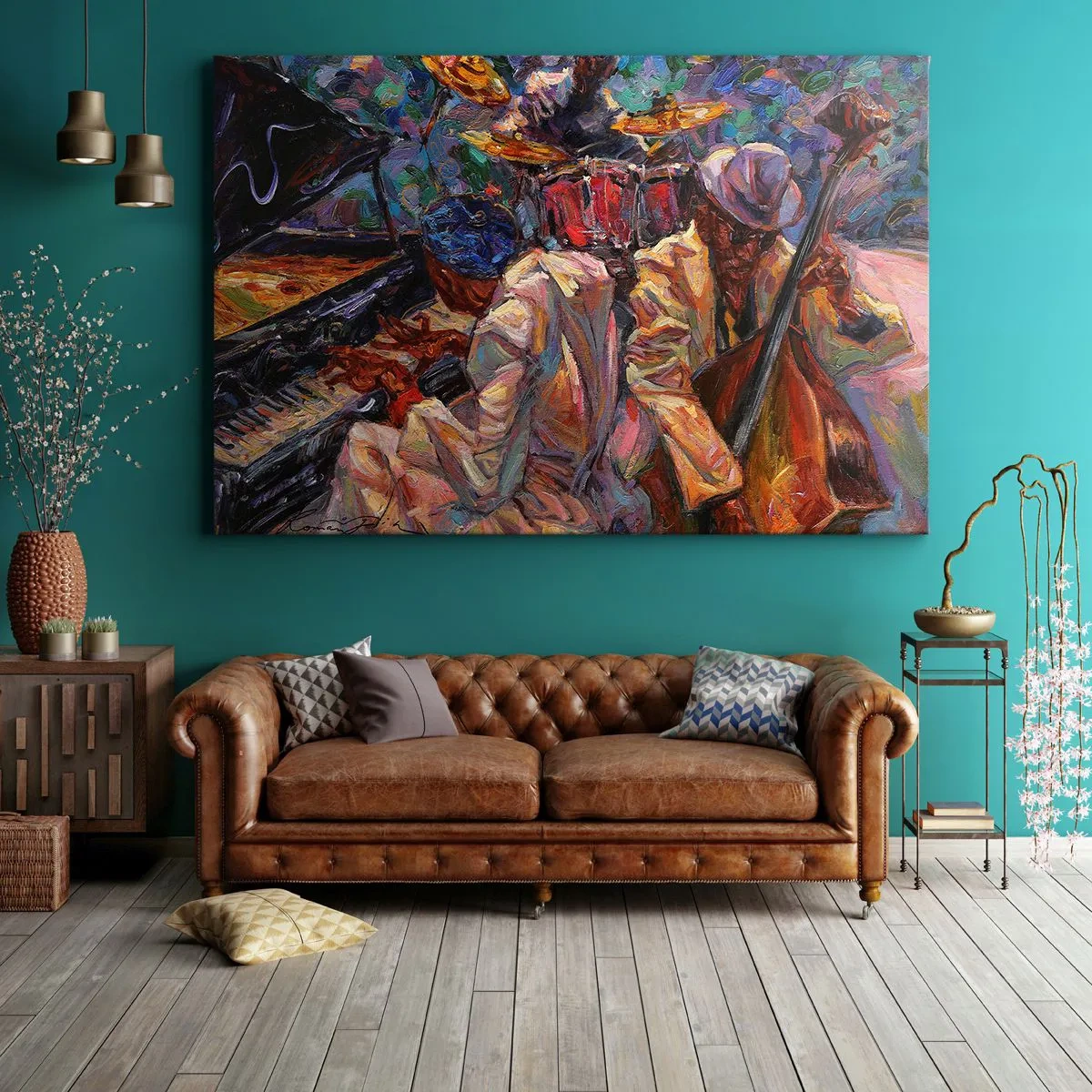 Canvastavla - Bild på duk - Energisk jazzscen med musiker och instrument - 70x50cm - I en rytm - Modern väggdekoration för vardagsrum och sovrum ARTTOR