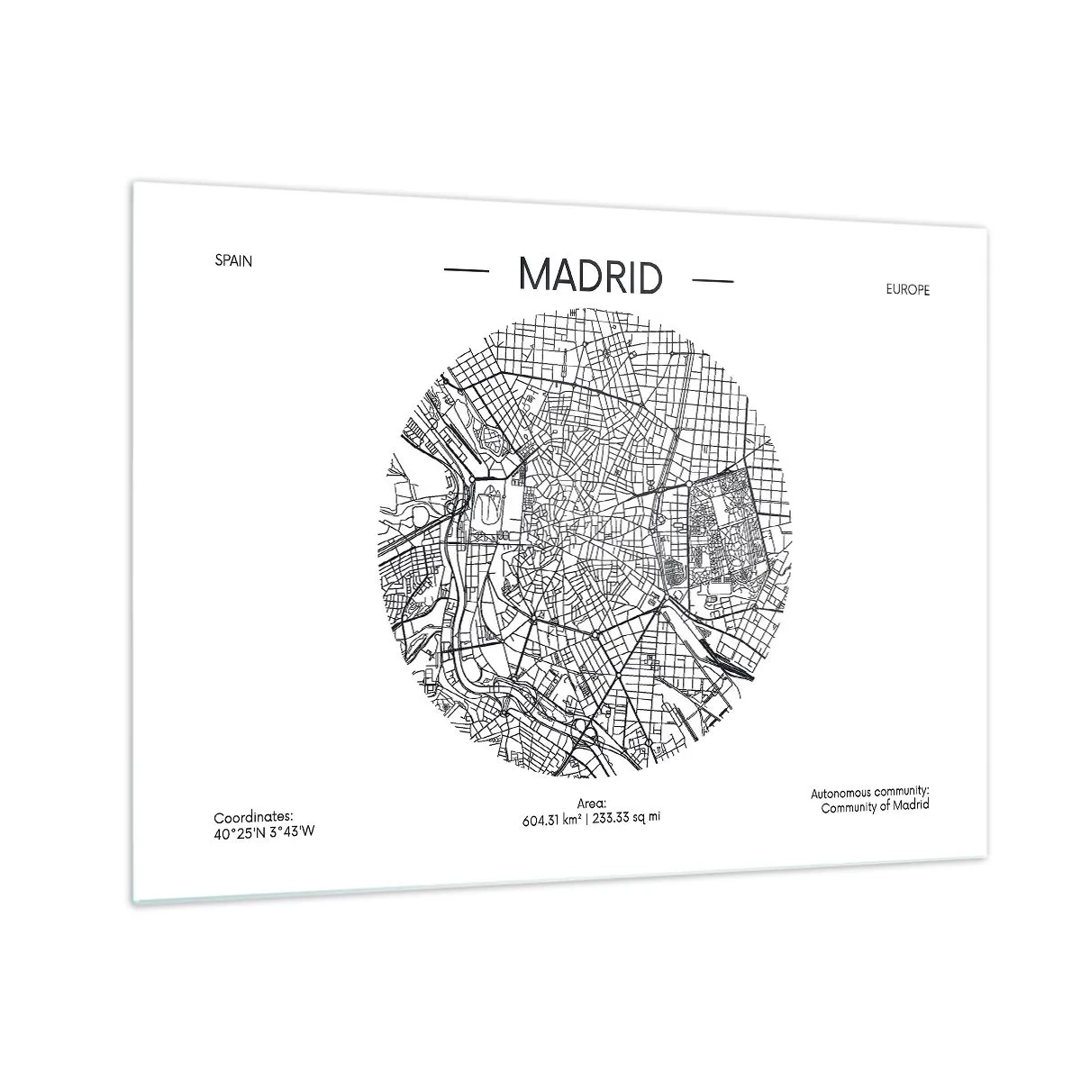 Glastavla - Bild på glas - En svartvit minimalistisk karta över Madrid i cirkulär form. - 70x50cm - Madrids anatomi - Modern väggdekoration för vardagsrum och sovrum ARTTOR