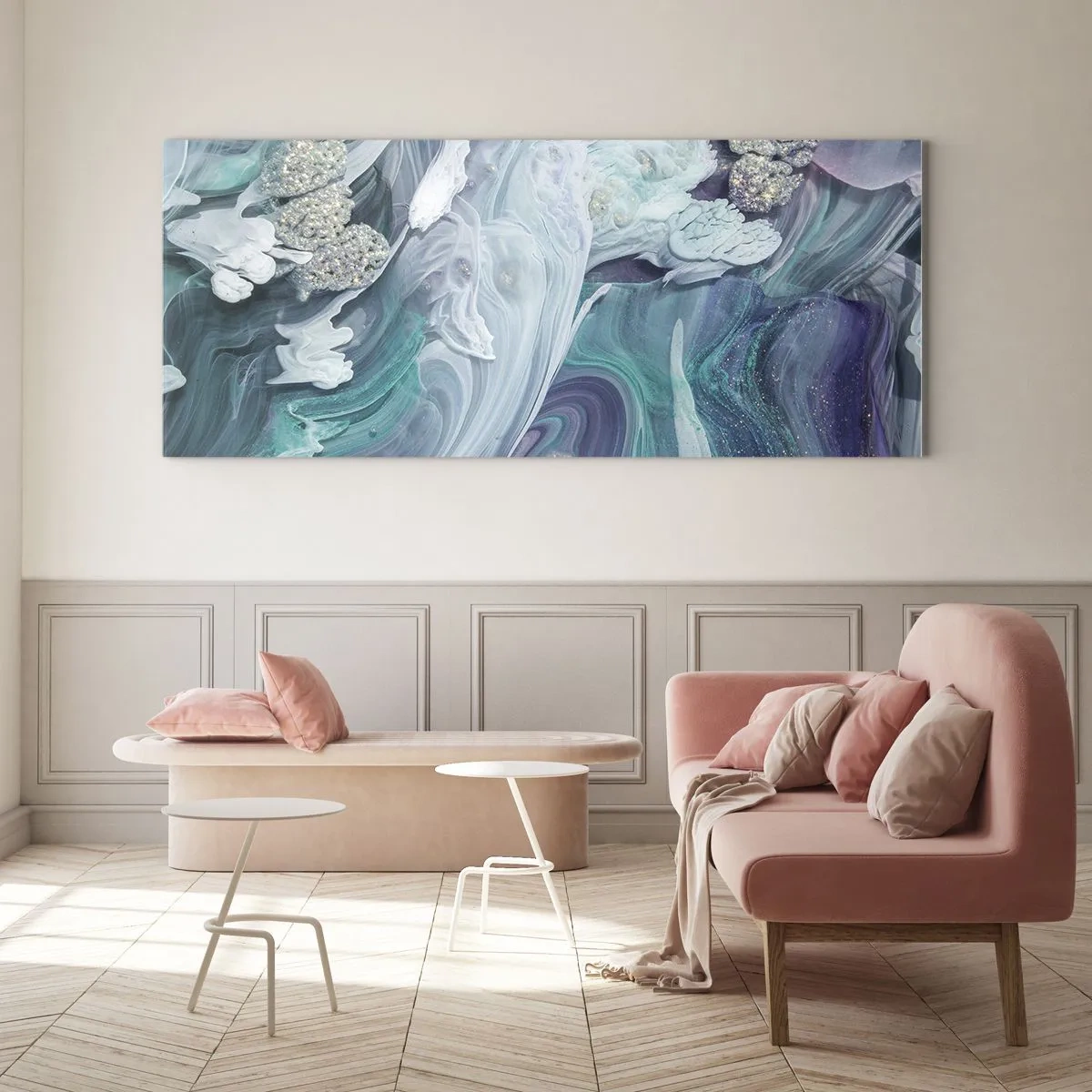 Glastavla - Bild på glas - Blåhetens strömmar - 120x50 cm