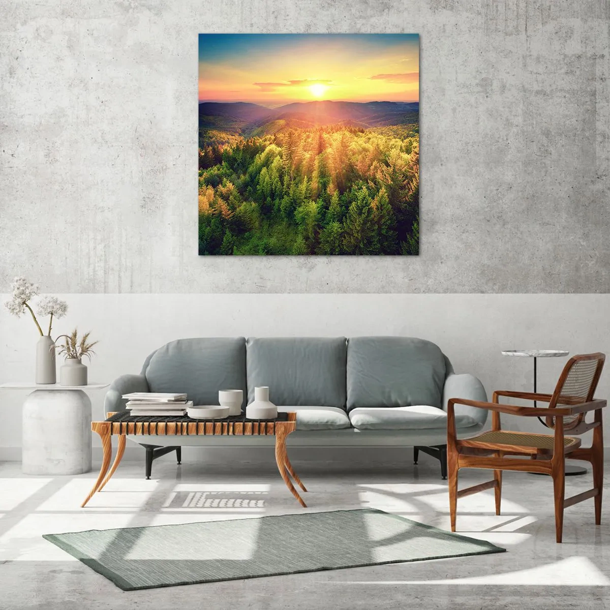 Glastavla - Bild på glas - Trädtoppar och bergstoppar - 70x70 cm