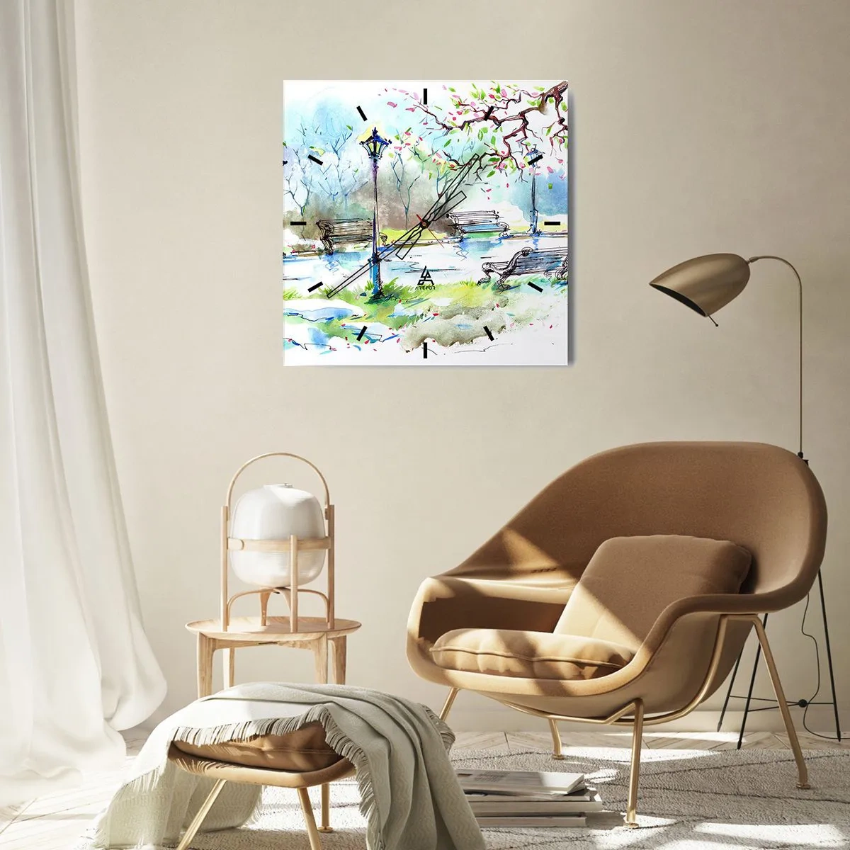 Väggklocka - Klocka på glas - Parktystnadens charm - 40x40 cm