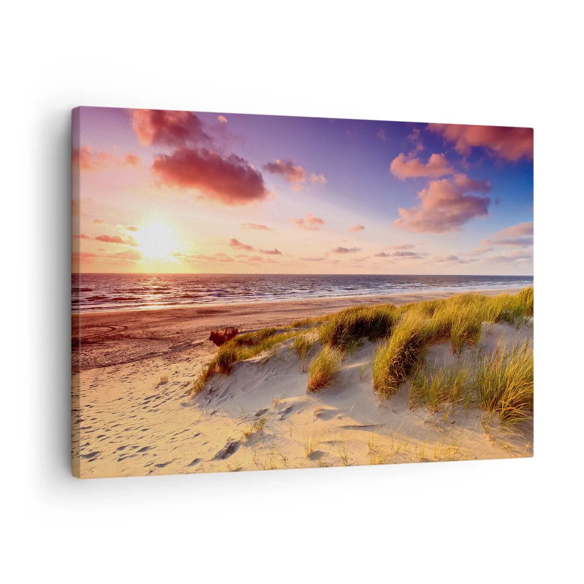 Canvastavla - Bild på duk - En gräsbevuxen strand och en solnedgång över ett lugnt hav - 70x50cm - Luften luktar sommar - Modern väggdekoration för vardagsrum och sovrum ARTTOR