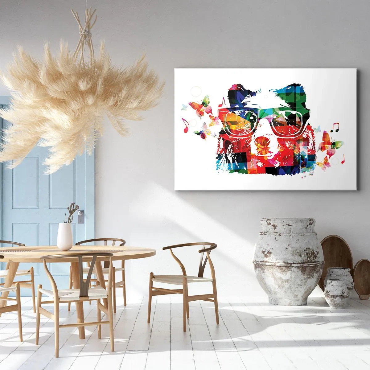 Canvastavla - Bild på duk - Färgglad björn med glasögon, fjärilar och musiknoter - 70x50cm - Jag tycker om det! - Modern väggdekoration för vardagsrum och sovrum ARTTOR