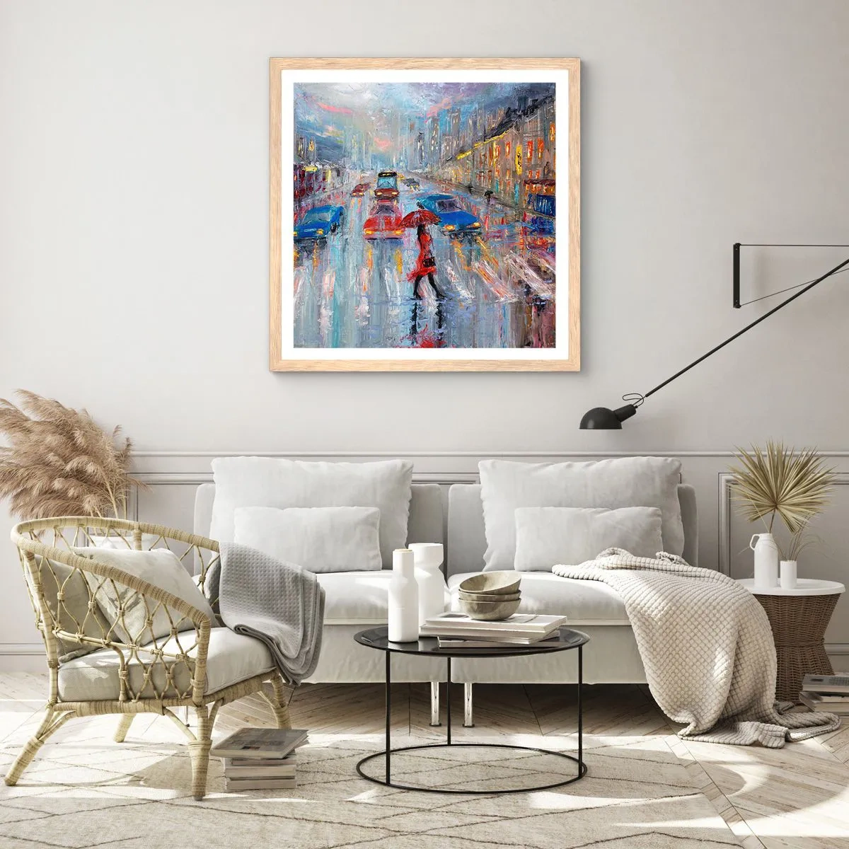Affisch i ram av ljusek - Regnig eftermiddag i staden - 40x40 cm