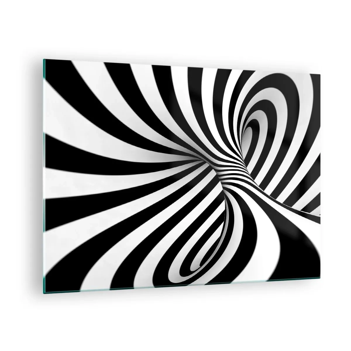 Glastavla - Bild på glas - En svartvit spiral som skapar en dynamisk rumslig effekt. - 70x50cm - Komposition: dansande rum - Modern väggdekoration för vardagsrum och sovrum ARTTOR