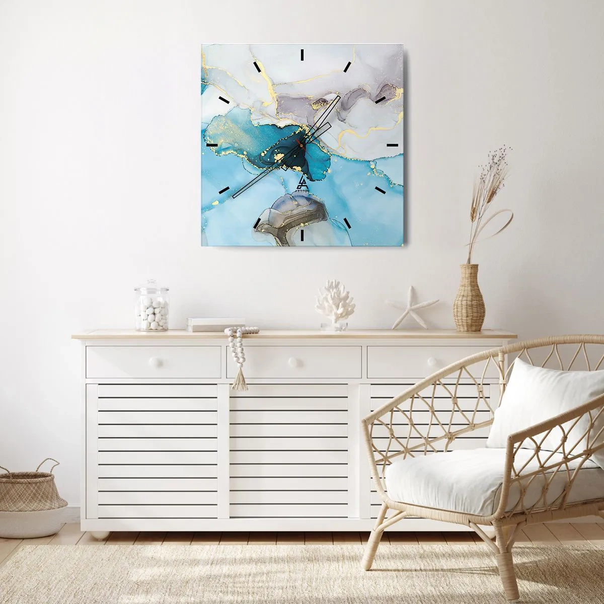 Väggklocka - Klocka på glas - Studie över mötet mellan grå och turkos - 30x30 cm