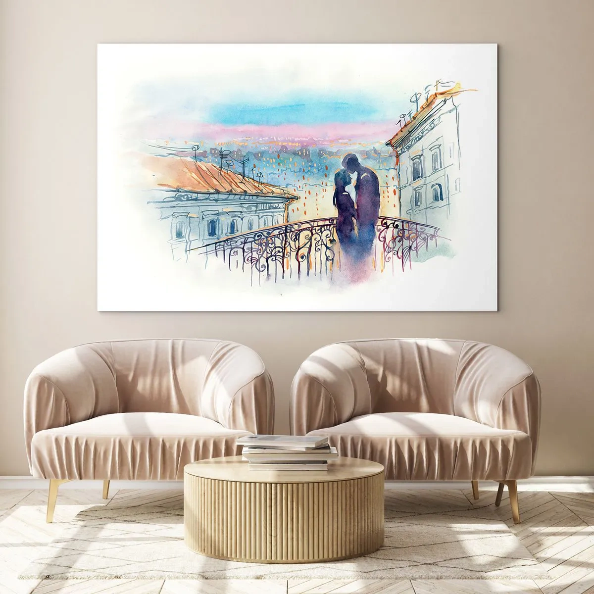 Glastavla - Bild på glas - Par på balkongen njuter av en romantisk solnedgång - 70x50cm - Älskare i Paris - Modern väggdekoration för vardagsrum och sovrum ARTTOR