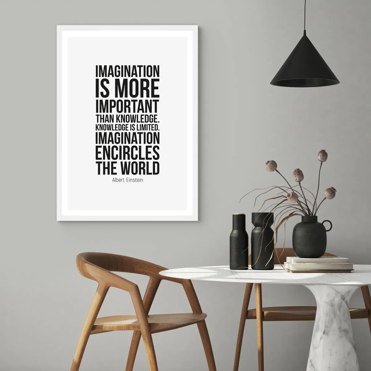 Affisch i vit ram - Einstein om fantasins styrka - 61x91 cm